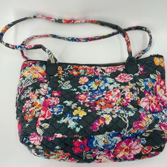Vera Bradley Quilted Shoulder Tote Handbag Zip Top Gray Pretty Posies Pattern - Picture 7 of 14